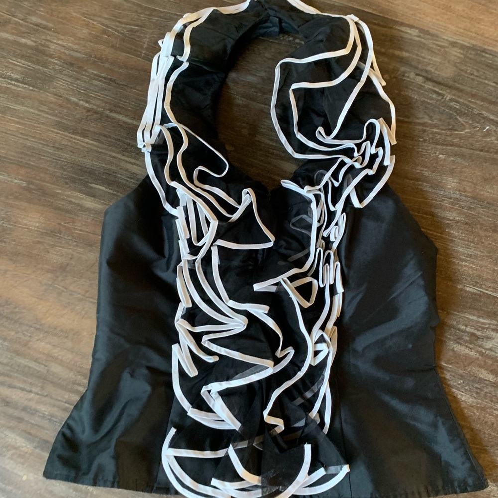 Black and white ruffle halter top